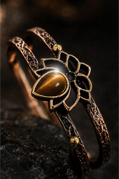 İyyaKee Tiger's Eye Stone Flower Motif Pure Copper Women's Bracelet Handmade Adjustable Clasp