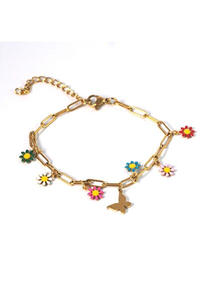 NO BRAND Αλυσίδα βραχιόλι Butterfly &amp; Daisies τύπου Paperclip λεπτή πλακέ...