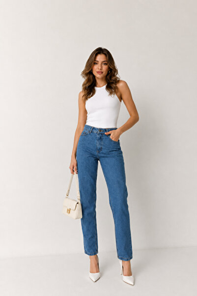 SHEVEGA Kadın Mavi Tam Kalıp Yüksek Bel Mom Denim/Kot Pantolon Jeans