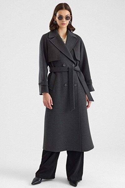 Olcay Long Premium Fabric Coat with Cape and Punto Stitching Detail Anthracit...