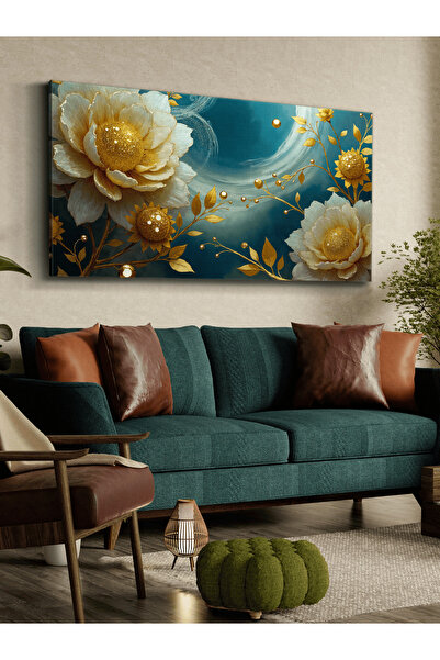 Evinemoda Gold Yapraklı Beyaz Çiçek Tek Parça Kanvas - Canvas Tablo