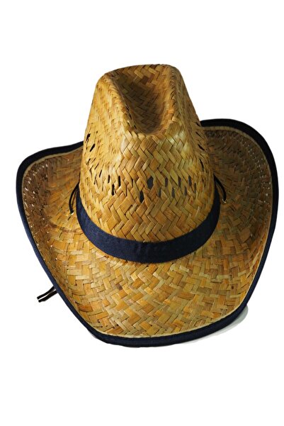 NO BRAND Καπέλο Ψάθινο τύπου Cowboy φυσικό χρώμα πλεκτό με μπλέ navy κορδέλα ...