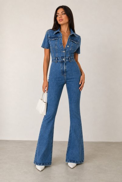 SHEVEGA Salopetă de damă din denim elastic, cu mânecă scurtă, cu efect de spălare cu piatră, cu picior evazat, din Lycra