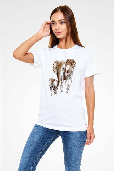 Darkhane Mother Elephant and Baby Printed Unisex White T-Shirt