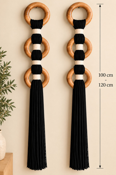 PAKETA İkili Ahşap Halkalı Makrome Duvar Süsü – Siyah & Krem | 100–120 cm