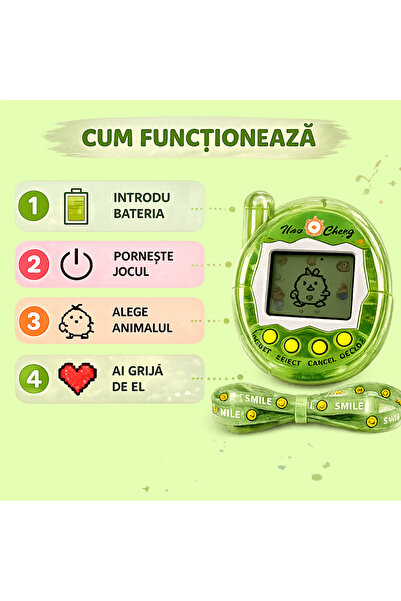FAMIFY Tamagotchi Animal de companie virtual verde, 197 de jocuri, Animal virtual interactiv