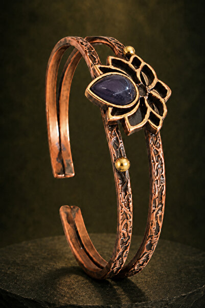 İyyaKee Pure Copper Women's Bracelet with Amethyst Stone and Flower Motif, Ha...