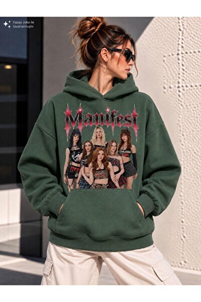 TREND EMMODA Women's Oversize Manifest Printed Hooded Sweatshirt with Kangaro...