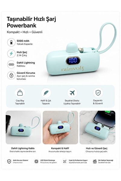 Nettec Rainvolt Mini Kapsül Powerbank – LED Dijital Göstergeli & Dahili Kablolu Taşınabilir Şarj Cihazı