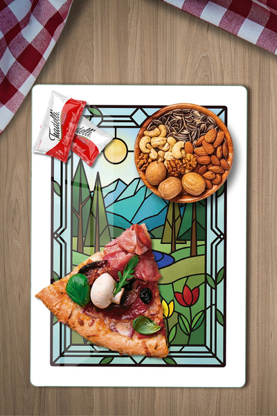 Decovetro Vitray Doğa Manzara Desenli Cam Kesme Tahtası ve Sunumluk 25 x 35 cm