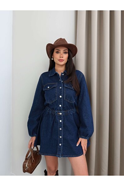ESRAHELVACI Bel Lastikli Denim Mini Elbise