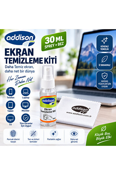 ADDISON Ekran Temizleyici Sprey 30 ML + Mikrofiber Bez Telefon Laptop Tablet TV Monitör Temizleme Kiti