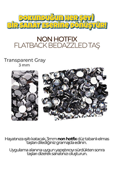 1000 Adet 3mm Rhinestone Boncuk | Flatback Süsleme Taşı | Non-Hotfix | Bedazzling, DIY & Elmas Mozaik-Transparent Gray