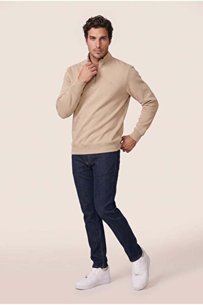 JSCO Men's 6213 Stand Collar Embroidered Thessaloniki Sweatshirt Beige