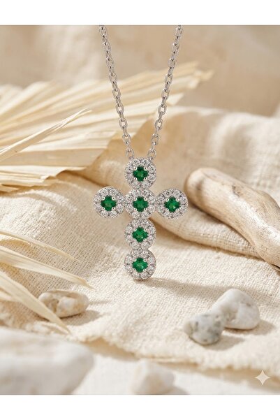 Peach Jewelry Σταυρός με λευκή και πράσινη ζιρκόνια από ασήμι 925