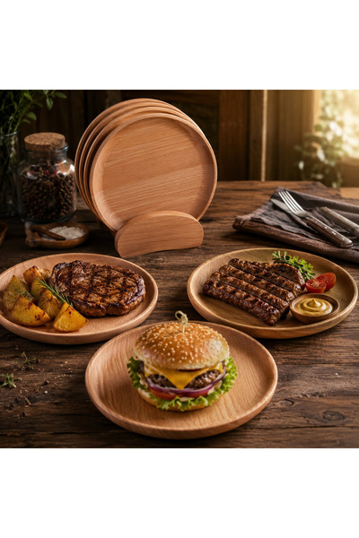 LimArt Set 6 farfurii rotunde din lemn de fag cu suport, LimArt, diametru 26 ...