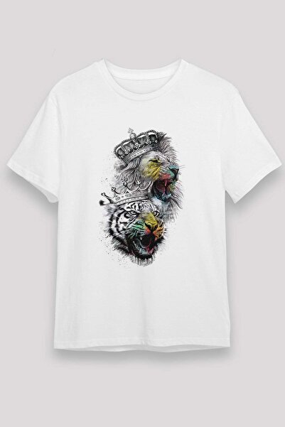 Darkhane Lion and Tiger Printed Unisex White T-Shirt