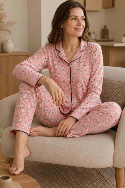 Starinci Mayo Women's Pink Patterned Pajama Set Shirt Collar Two-Piece Set