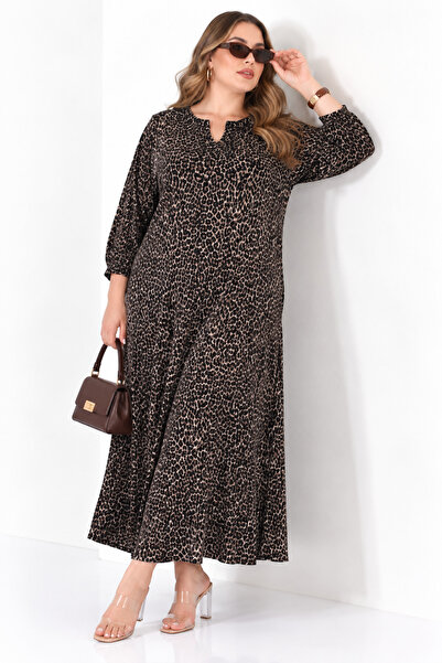 DARKWIN Plus Size Leopard Print Collar Detailed Capri Sleeve Relaxed Fit Wome...