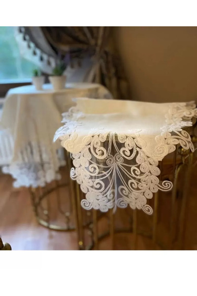 Ceki Home Anna Model Cream Λινό Δαντελένιο Σετ Τραπεζομάντηλο 5 Τεμαχίων για ...