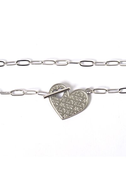 NO BRAND Κολιέ με καρδιά "Love Amour" με αλυσίδα paperclip 3mm μεταλλική ατσά...