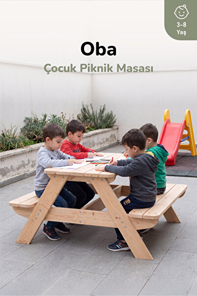 Ahşap Çocuk Piknik Masası Şemsiye Delikli 3-8 Yaş 4 Kişilik Oba