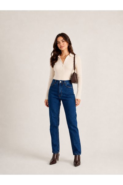 SHEVEGA Kadın Lacivert Tam Kalıp Yüksek Bel Mom Denim/Kot Pantolon Jeans