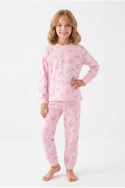 bunny hopp Girl's Pink Seashell and Ribbon Patterned Long Sleeve Pajama Set 100% Cotton Single Jersey