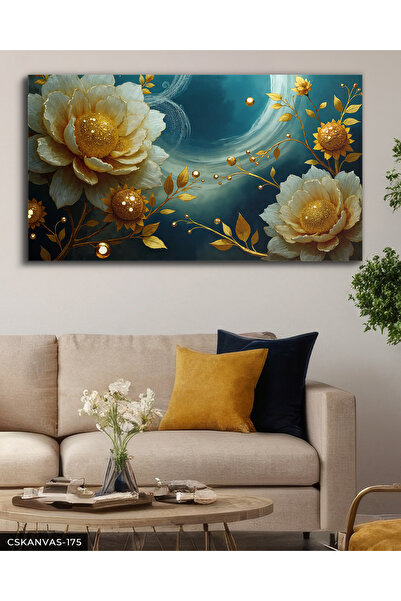 Evinemoda Gold Yapraklı Beyaz Çiçek Tek Parça Kanvas - Canvas Tablo