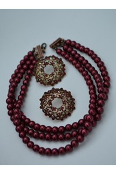 Stoneage Special Design Choker Necklace and Earring Set - Burgundy -