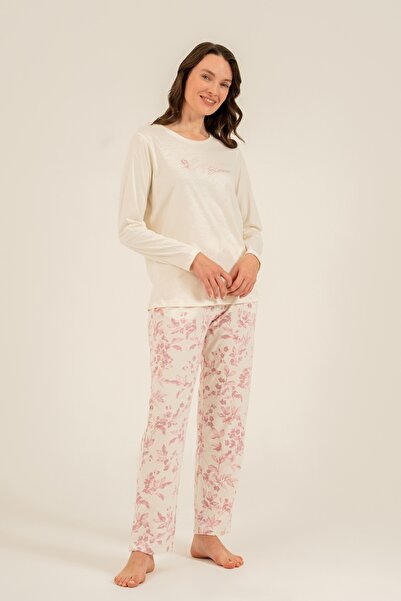 Arnetta Women's Cream Uzunkol Pajama Set, with Pockets, Round Neck, 50% Cotto...