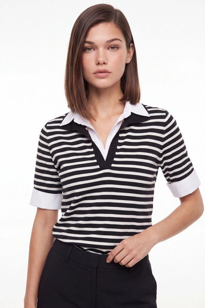 cemo Gömlek Garnili Çizgili Polo Yaka T-Shirt