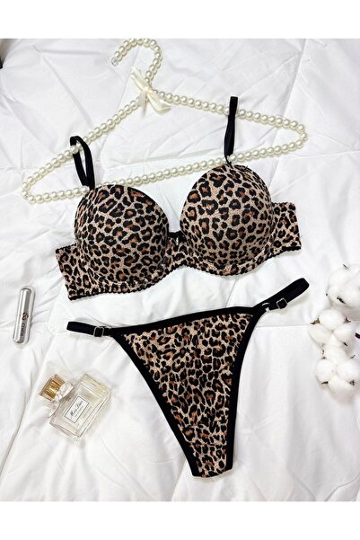 SİLVER MİRROR Leopard Supported Camisole Cotton Bra Set