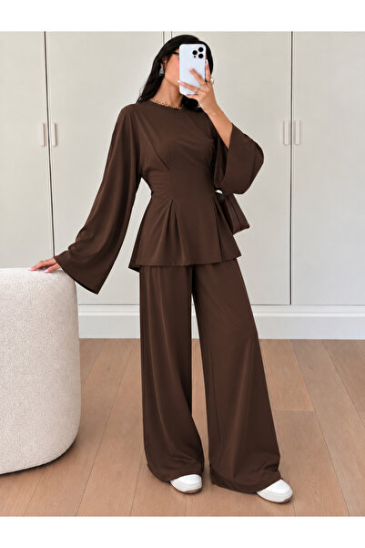 peri tower Women's Modal Waist-Fitted Flared Sleeve Wide Leg Pants Two-Piece ...