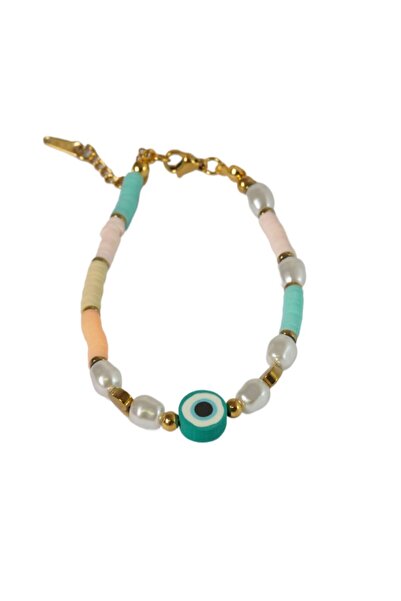 NO BRAND Βραχιόλι Eye with Colorful fimo beads &amp; pearls μεταλλικό ατσάλι ...