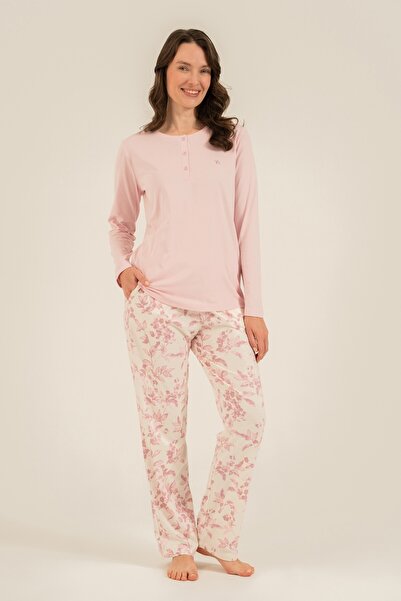 Arnetta Women's Pink Uzunkol Pajama Set, with Pockets, Buttoned Collar, 50% C...