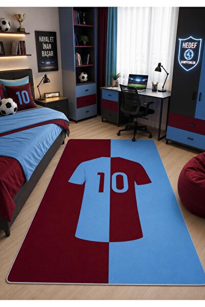 STY Home Bordo Mavi Taraftar Çocuk Halısı Dijital Baskı Kaymaz Makinede Yıkan...
