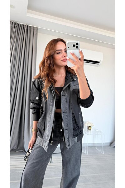 pelin yıldız butik Siyah Valencia Paraşüt Kumaş Denim Detaylı Yağmurluk