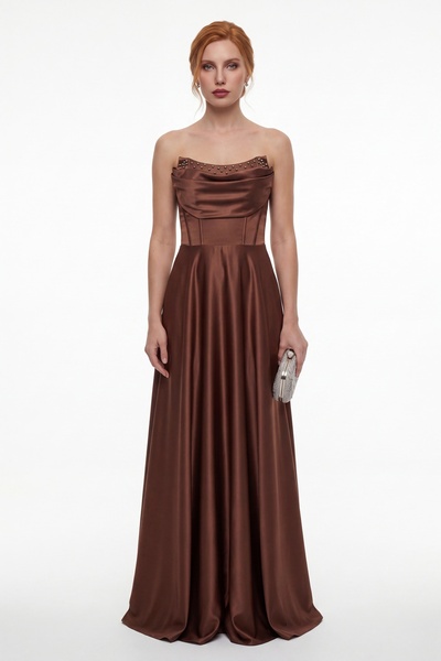 Lafaba Women's Brown Strapless Stone Embellished Long Evening Dress