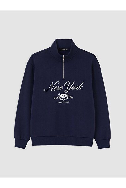 LC Waikiki Vizyon New Season Navy Blue New York Printed Women's Thick Sweatshirt