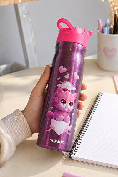 Sone Kedi Figürlü Metal Su Matarası – Pembe Kalpli Açılır Kapaklı Kız Çocuk O...