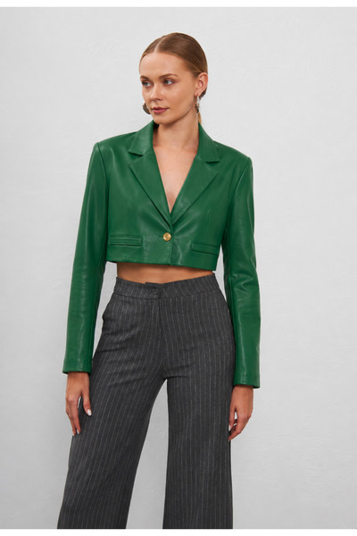 Balevra Yeşil Deri Crop Ceket
