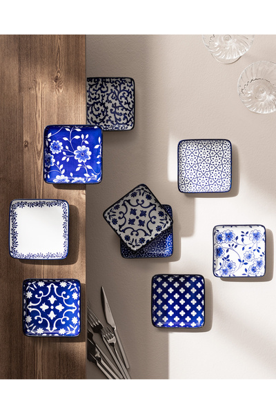 Madame Coco Reve Bleu Mais Kare Tabak Seti - 12 cm - Mavi/Beyaz
