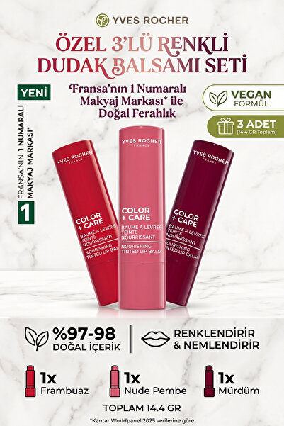 Yves Rocher 3'lü CC Nemlendirici Renkli Dudak Balsamı Seti - Frambuaz Nude Pe...