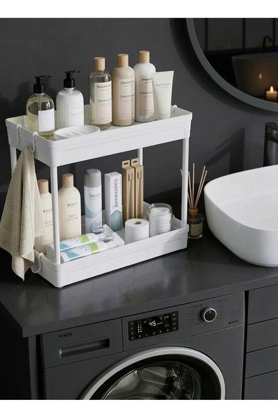 ATA HOME XL Rafata Çok Amaçlı Geniş 2 Katlı Banyo Düzenleyici Dolap İçi Organizer Evye Altı Düzenleyicisi Askılı Raf Deterjanlık