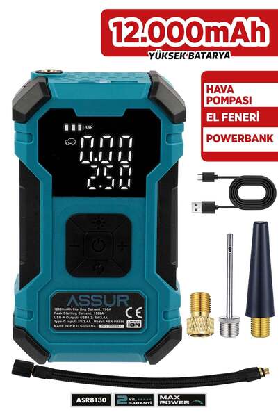 ASSUR 12.000 mAh Oto Kompresör| Hava Kompresörü | Powerbank | Led Işık |