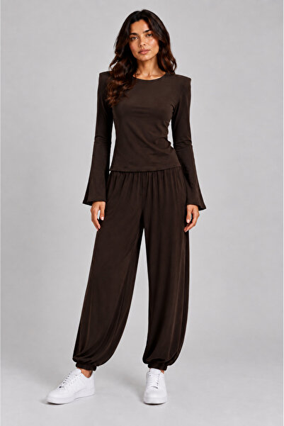 Sortie Women's Draped Trousers with Elastic Waist and Cuffs, Brown