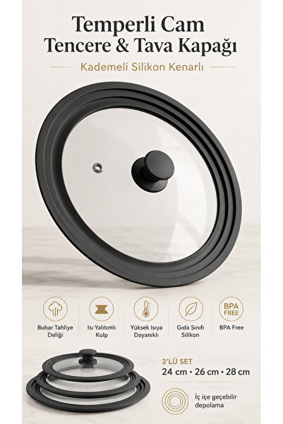NEWNOW Universal 24/26/28 Cm Uyumlu Cam Tencere&Tava Kapağı Kademeli Silikon ...