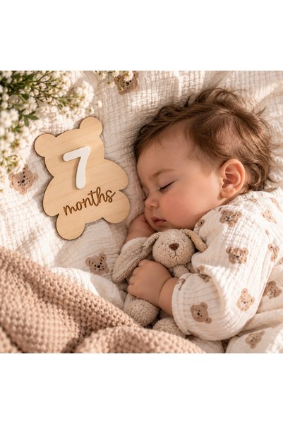 TİNY WONDERS TOY STORE Bebek 1-12 Ay Aylık Anı Plağı Ayıcık Model Değiştirilebilir Rakamlı Ahşap Fotoğraf Çekim Seti
