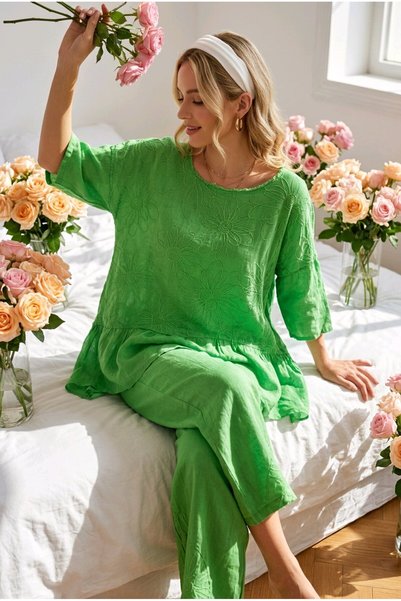 İthal Women's Green Floral Embroidered Layered Ruffled Linen Textured Two-Pie...